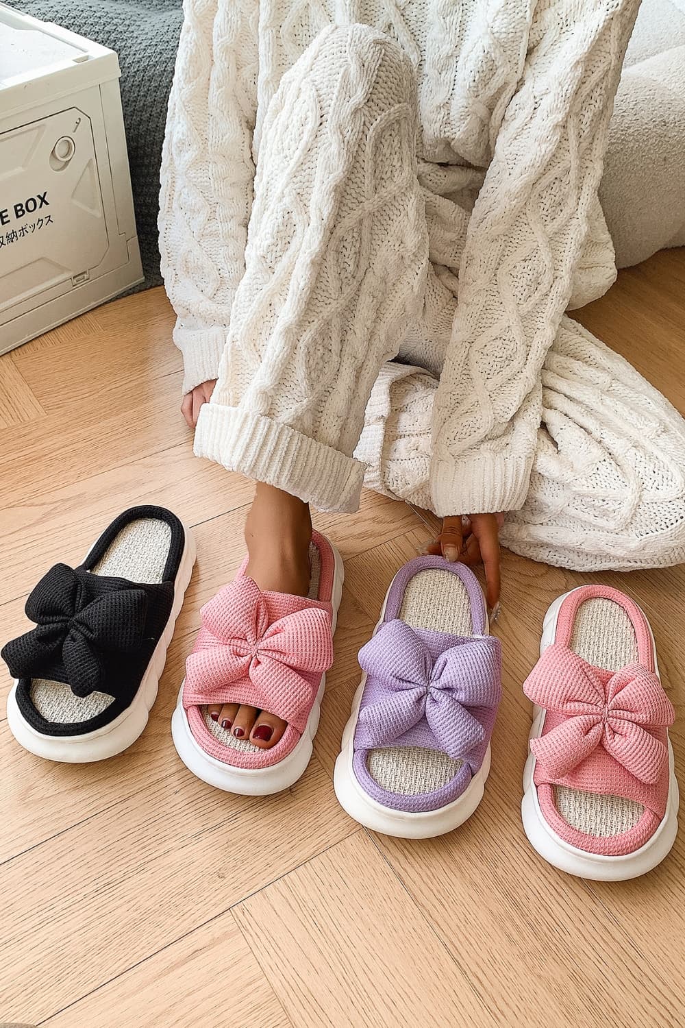 Bow Waffle-Knit Platform Slippers